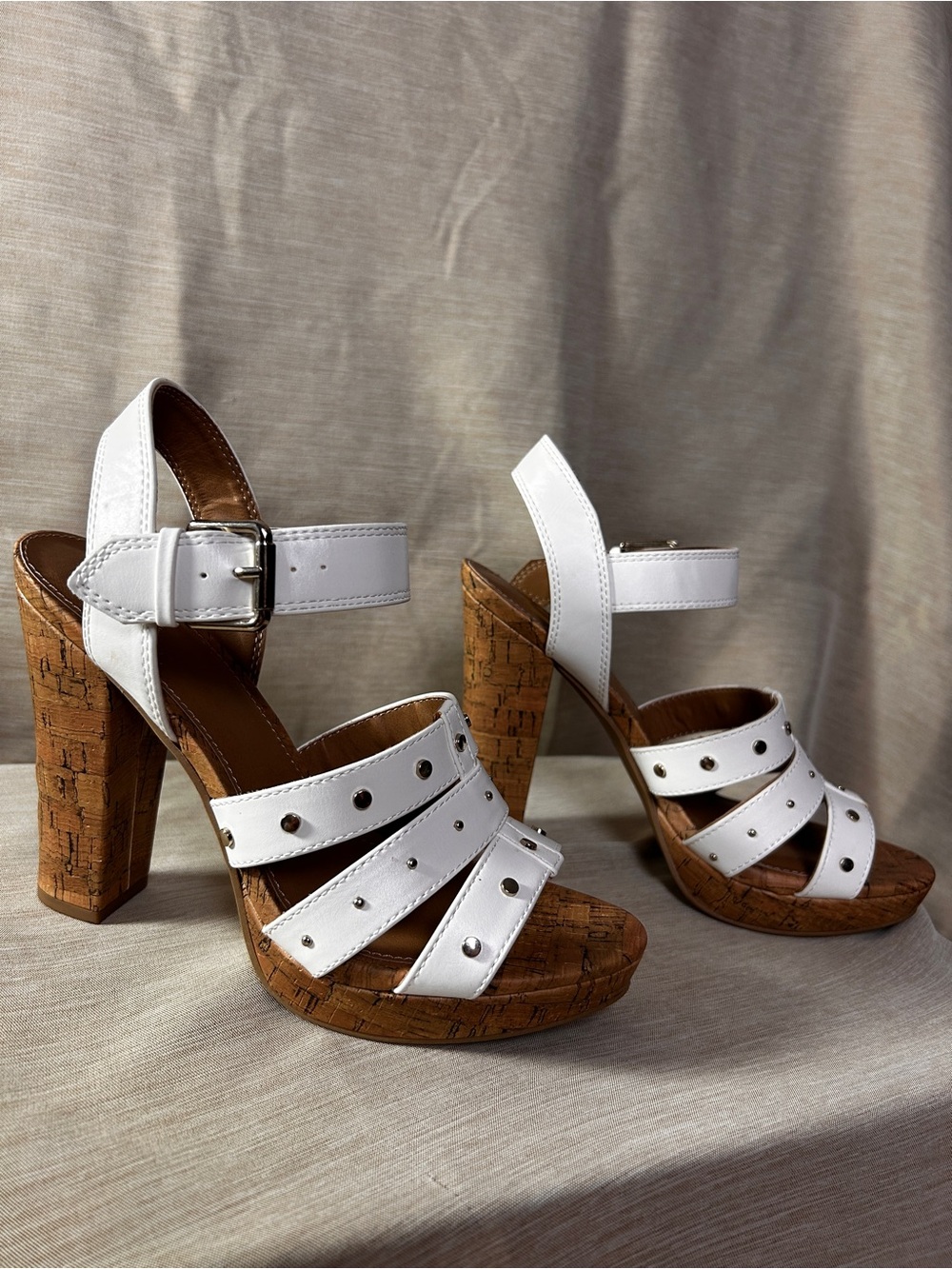 Report White Studded Cork Block Heel Sandals